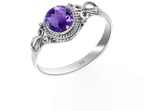 Amethyst Ring 925 Sterling Silber 100% Natürlicher Edelstein Ring, Statement Herren-Damen Ring Vintage Boho Handarbeit Ring Runde Form 6 mm Verlobungsring NH26-AMTST-11.5