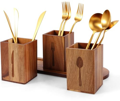 LuLobtg Wooden Cutlery Rack, 3 Compartments Utensil Caddy with Wood Trays, Silverware Storage Holder Countertop, Kitchen Cutlery Organiser Container for Knife, Fork and Spoon(Dark Brown)