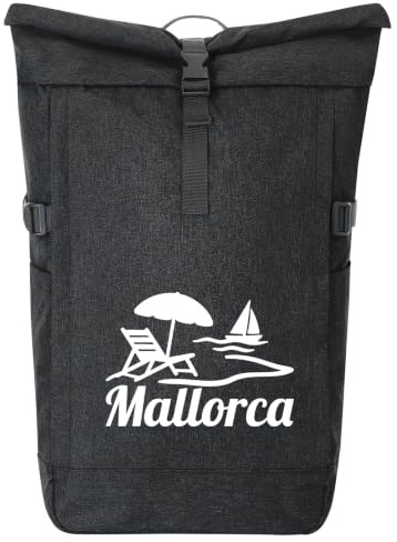 Huuraa Kurierrucksack Mallorca Spanien Geschenk | 30-44 Liter Backpack Black Melange Fairtrade Rolltop Rucksack Geschenkidee Schwarzer Laptop-Rucksack passend für 17-Zoll