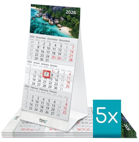 Timr Tischkalender 2026 klein zum Aufstellen - 3 Monatskalender mit Schieber - Kalender für Tisch Büro - Motiv Karibik - 5 Stück I tr375