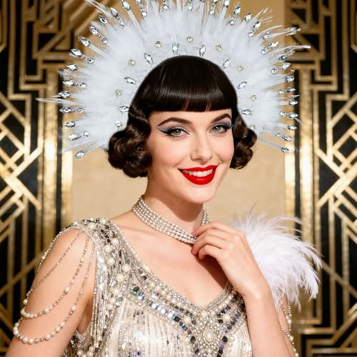 JeVenis Weiße Feder Kopfschmuck 1920er Jahre Karneval Accessoires Kopfschmuck Karneval Rave Festival für Frauen Flapper Kostüm Supplies