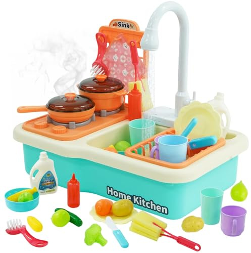 Jouet D'évier de Cuisine pour Enfant avec Lave-Vaisselle, Robinet, Couverts, Jeu de Cuisine avec Eau Courante,Cadeau Garçon et Fille 1 an (Vert)