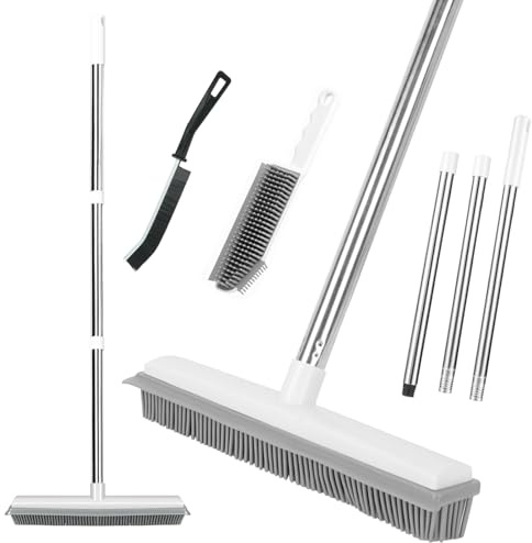 COEWUR Rubber Broom, 2 in 1 Rubber Broom with Squeegee, 51 inch Adjustable Long Handle Floor Sweeping Brush for Pet Dog Hair Removal Carpet Kitchen Garden Yard Window Cleaning (3 poles + 2 brushes)