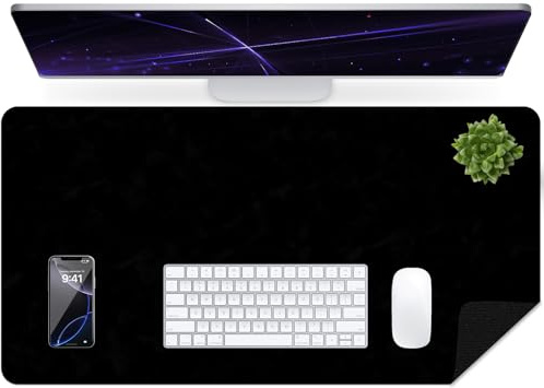 BLESWIN Distressed Leather Desk Pad Protector, Waterproof Computer Desk Mat, Easy Clean Office Desk Mat, Mouse and Keyboard Mats, Desk Matt for Desktop Writing Mat (Black, 90x43CM)