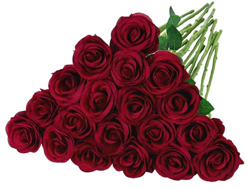 BlueCloudy 16 Stück Rote Rosen Künstliche Rosenstrauß Fake Kunstrosen | mit Kunststoff Langer Stängel Flanell Kunstblumen für Hochzeit Tischdekoration Valentinstag Homeparty Brautstrauß, Wein Rot