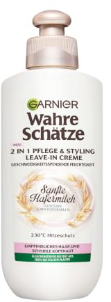 Garnier Wahre Schätze Sanfte Hafermilch 2-in-1 Pflege & Styling Leave-In Creme, geschmeidigkeitsspendende Feuchtigkeit mit Hitzeschutz, 200 ml