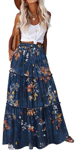 HOTOUCH Women's Skirts Elegant Maxi Skirt Elastic High Waist Long Skirt Floral Cluster Navy XXL