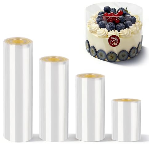 4 Rolle Tortenrandfolie Wiederverwendbar, Folie für Tortenring Einweg | 6/8/10/15cm Hoch x 10m Tortenring Plastik Torten Folie Transparent Acetat Folie für Tortendeko Kuchen Schokolade Mousse
