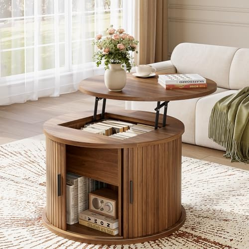 Hizyrina 60cm Rund Couchtisch, Höhenverstellbar Wohnzimmertisch mit Verstecktem Stauraum & Hebeplatte, Moderne Hölzerne Akzent Mitte Tisch, Kaffeetisch, Sofa Beistelltisch für Wohnzimmer, Brau