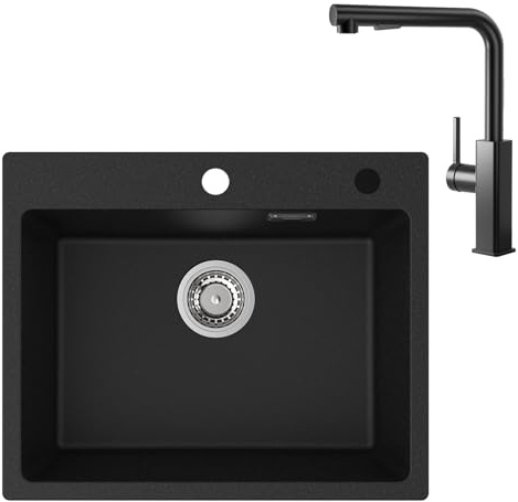 Granitspüle Schwarz 55x45 cm mit Armatur Set, Küchenspüle für Unterschrank ab 55 cm, Wasserhahn ausziehbar 360° drehbar, 2 Strahlfunktionen