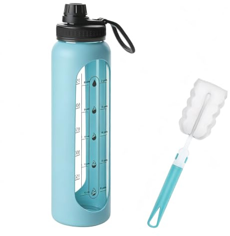 Calenxy Trinkflasche Glas 1L mit Reinigungsbürste & Silikonhülle, PA-frei Glasflasche 1 Liter für Wasser Saft & Sport Kohlensäuregeeignet, Glas Trinkflasche für den täglichen Gebrauch
