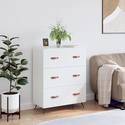 LoogCape White Chest of Drawers 69.5 x 34 x 90 cm Made of Wood Material with 3 Drawers, Storage Space for Bedroom, Living Room, Hallway, Country House Style, Sturdy Metal Feet, Easy to Clean