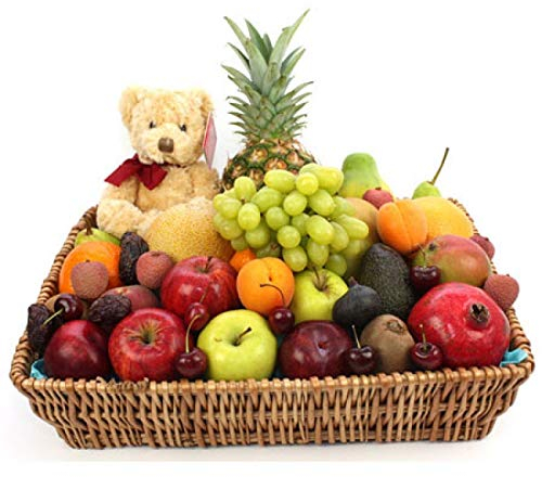 Premium Fruit Basket With Bear - Fruit Gift Baskets and Gift Hampers with Next Day UK delivery with Personal Message attached