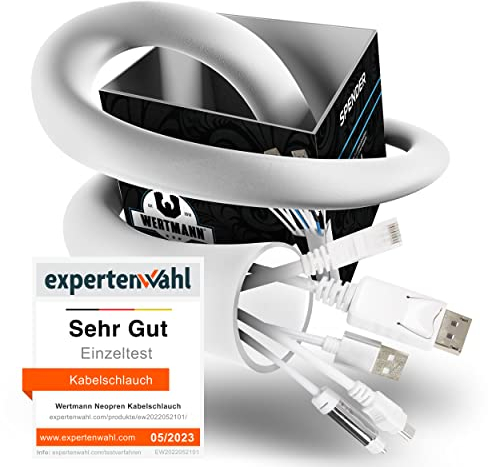 Wertmann Neopren Kabelschlauch weiß [3m] Cable Management für TV oder PC Kabelmanagement Schreibtisch - Einstellbarer Durchmesser - als Flexibler Kabelkanal weiß oder als Kabelschutz Tiere