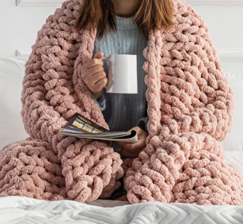 Grobstrickdecke – gemütliche Überwurfdecke für Bett (40 x 60 cm) – weiche graue Überwurfdecken – Grobstrick Chenille Überwurfdecke – Decken und Überwürfe für Sofa – große Überwurfdecke (Blush Pink)