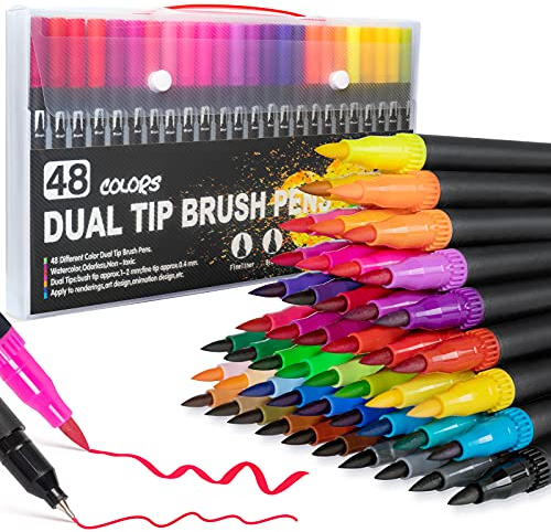 Dual Brush Pen Set: Filzstifte Pinselstifte Marker Fineliner Set Aquarell Farben Für Bullet Journal, Malbücher, Handlettering, Manga Kalligraphie stifte Malstifte Für Kinder und Erwachsene (48)