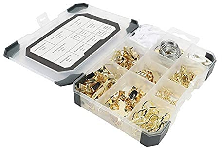 TIMCO Picture Hanging Kit Tray - 179pcs - Brass Plated Picture Plates, Hangers, D-Rings, Picture Nails, Sawtooth Brackets and Hooks