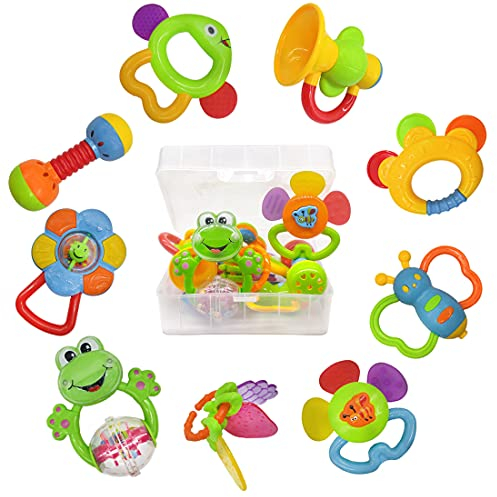 fiouni Baby Rassel Beißring Spielzeug Set Babys Erste Rasseln Babys Erstes Spielzeug Geschenkset für Säuglinge Neugeborenes Baby Jungen Mädchen 3 6 9 Monate 11 Stück (Rosa)