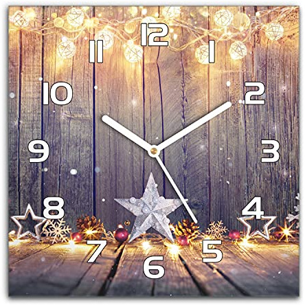Coloray Weihnachten Wanduhr 30x30 cm Quadrat Wandkunst Bild Glas Uhr Gehärtetem Glas Echtglas Küche Wohnzimmer - Weiße Uhrzeiger - Weihnachts Sterne Lichter Schneeflocken