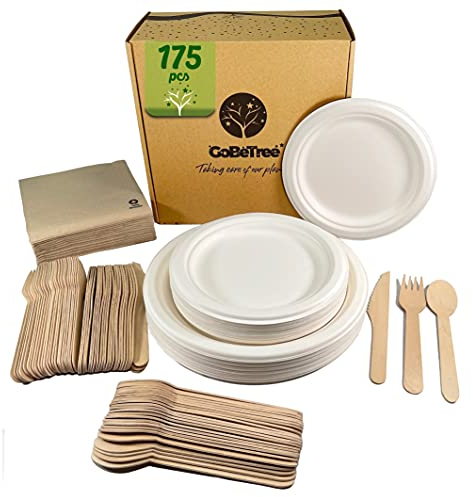 GoBeTree Vajilla Desechable 175 pcs para 25 personas, Platos desechables de Caña de Azúcar y Cubiertos desechables de Madera, Para Cumpleaños infantil, fiestas y barbacoas