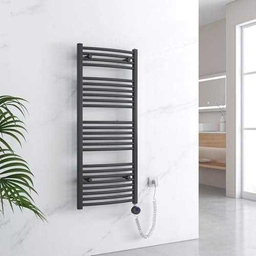 EMKE Handtuchheizkörper Elektrisch 1200 x 500 mm, Gebogen Badheizkörper Elektrisch mit Thermostat, Handtuchtrockner Handtuchwärmer mit Timer Anthrazit 500W