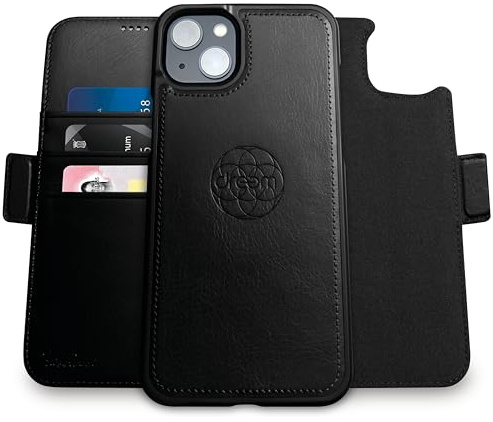 Dreem Vegan Leather Magnetic Detachable Wallet Case for iPhone 14 Plus | Built-in Phone Stand, RFID Blocking Card Holder Flip Cover, MagSafe Compatible, Gift Box [Fibonacci: Black]