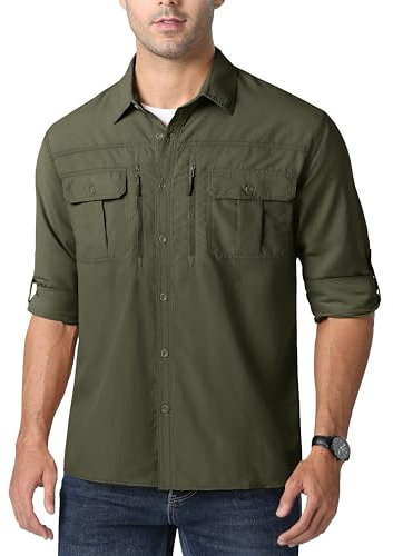 MAGCOMSEN Herren Militär Outdoorhemd US Armee Jagdhemd Schnelltrocknend Arbeit Hemd Herren Leicht Sporthemd mit Multi Taschen Atmungsaktiv Funktionshemd Performance Freizeithemd Armeegrün XL