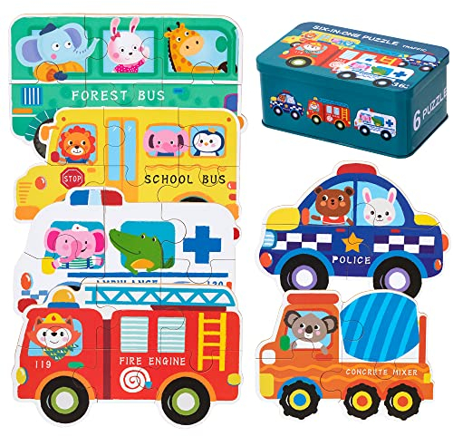 Kinderpuzzle 6 Bilds Auto Puzzle für Kinder, Montessori Holzpuzzle Spielzeug Puzzle Formpuzzles Frühes Lernspielzeug Geschenk für Jungen Mädchen ab 3 4 5 Jahren