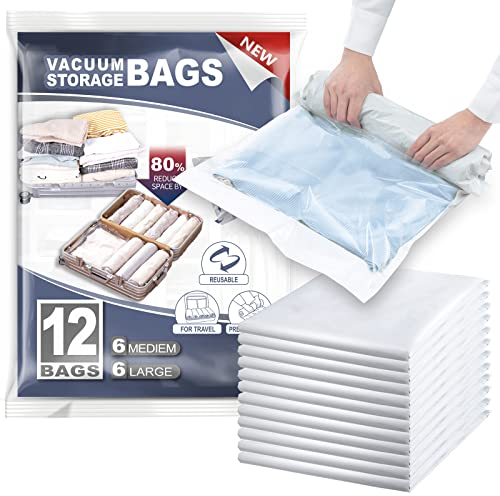 TAILI Vakuumbeutel für Kleidung Reise 12 Stück in 2 Größen 70 x 45 CM, 60 x 40 CM Vakuumbeutel Set Wiederverwendbar und Leicht zu Tragen Vakuumierbeutel für Reisen, Rucksack zum Rollen Breiter Rand