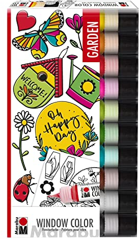 Marabu 0406000000128 - Window Color Garden, 10 x 25 ML de Peinture, modèle à colorier A4 avec 20 Motifs, Peinture à Base d'eau, s'enlève sur Les Surfaces Lisses