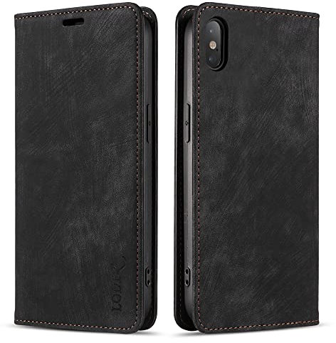 LOLFZ Wallet Case for iPhone X/iPhone XS, Premium Slim PU Leather Case Card Slots Stand Function Magnetic Protective Flip Case Cover Compatible with Apple iPhone X/XS - Black