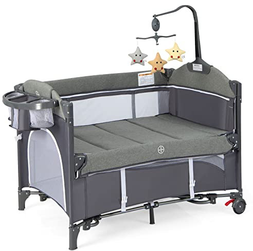 GYMAX Baby Travel Cot, 5-in-1 Portable Baby Bed Playard with Changing Table, Storage Pocket and Hanging Toys, Adjustable Infant Bassinet Nursery Center (Classic), 110 x 82 x 118 cm