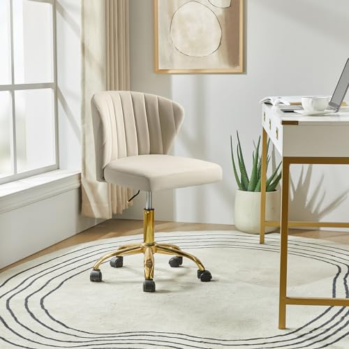 HULALA HOME Swivel Office Chair Desk Chairs Velvet Comfy Upholstered Computer Cute Chairs with Adjustable Height & Padded Cushion for Home Office, TAN