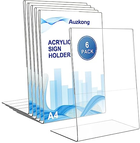 6 Pcs Soporte para Letreros de Acrílico A4, Expositor Metacrilato Transparente A4, Soportes para Carteles, Soporte de Sobremesa Transparente, Soporte de Acrílico, Soportes de Fotos Menú Póster