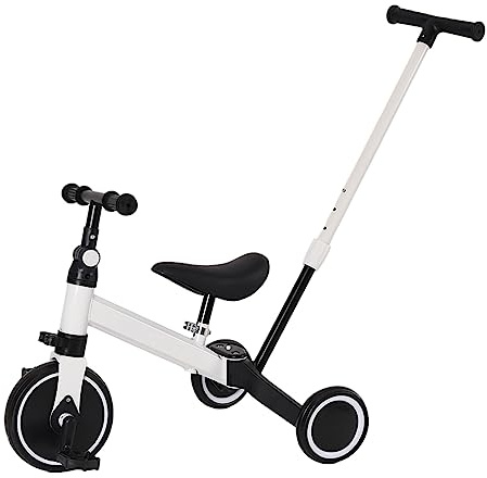 Homewell Dreirad mit Schubstange, Laufrad ab 18 Monate, Kinderdreirad Kombiniert Trolley und Ride Funktionen, mit Faltbar Pedal, Abnehmbar Kombi-Hinterräder, Keine Bremsen (03, Weiß)
