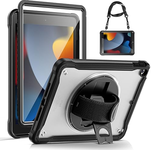 Gerutek iPad 9th/8th/7th Gen Case - Shockproof with Screen Protector, Full Body Drop Protection, 10.2 inch Rugged Case with Clear Back Shell and 360° Stand/Hand Strap, Black