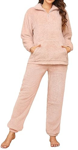 Tuopuda Pigiama Donna Invernale Pigiami Due Pezzi, Pigiama Pile da Casa con Tasche Zip Felpa Manica Lunga e Pantalone Lungo, Indumenti da Notte Sleepwear, Rosa, M