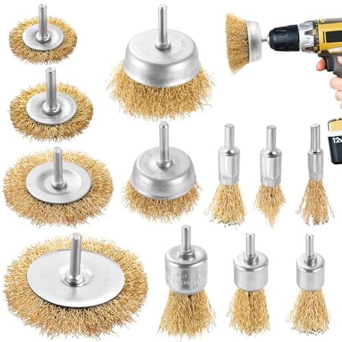 DazSpirit 12-Piece Wire Brush Set for Drills – Brass Coated Wire Brushes for Drills & Cup Brush, 1/4 Inch Shank Wire Wheel for Drill Attachment to Remove Rust, Corrosion, and Paint