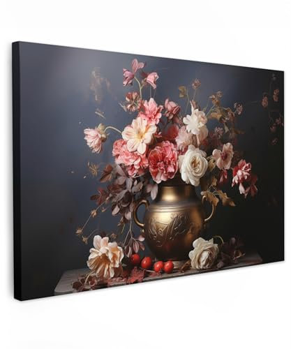 MuchoWow© Bild auf Leinwand 90x60 cm Schlafzimmer Bilder Badezimmer Wand Deko Wohnzimmer Modern Wanddeko Bilderwand Geschenk Stilleben - Blumen - Rosen - Blumenstrauß - Vase
