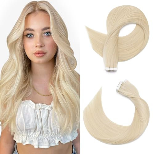 SEGOHAIR Tape in Hair Extensions Human Hair, 16 Invisible Tape in Hair Extensions, 10Pcs Real Hair Straight Natural Remy Tape Hair Extensions Platinum Blonde