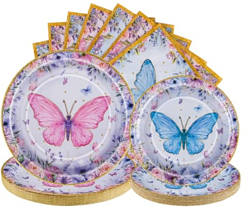 hpnparty Set di stoviglie per feste di compleanno con farfalla, per 25 ospiti, 75 piatti di carta a forma di farfalla, decorazione di compleanno per bambini e ragazze