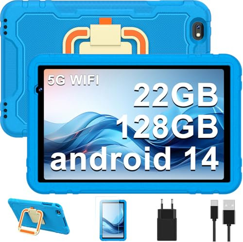 Tablette enfants 10 pouces, tablette Android 14 avec 5G Wifi, 22 Go RAM + 128 Go ROM | Contrôle parental | 8000 mAh | Octa Core | 5 + 8 MP | Protection en EVA antichoc + Support pivotant à 360° - Bleu