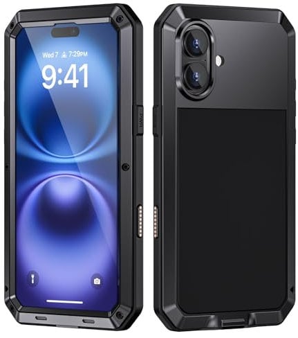 Focusor für iPhone 16 Hülle Metall,Handyhülle für iPhone 16 360 Grad Outdoor Stoßfest Heavy Duty Komplett Panzerhülle,iPhone 16 Schutzhülle Staubdicht Robust Armor Case mit Displayschutz,Schwarz