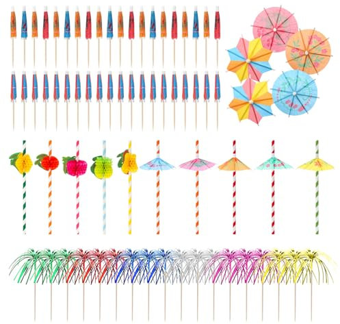 FIHODONE 160 Stück Cocktail Schirmchen, Cocktail Deko, Cocktail Zubehör, Cocktailspieße, Papier Strohhalme Ananas Deko, Feuerwerk Sticks für Geburtstagsbars Getränke Obst Party Dekoration