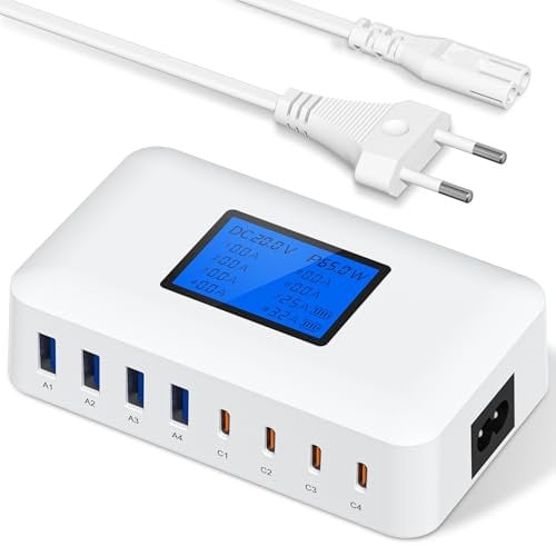 200W Chargeur USB C Multiple, 8 Ports USB C Chargeur Rapide PD 65W, Station de Charge USB avec écran LCD, Adaptateur de Charge pour MacBook, iPad, iPhone 16/15/14/13 Pro/Max Samsung S24/S23 - Blanc