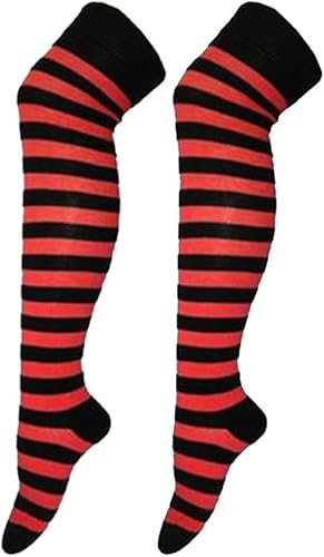 COSHAL® 1 Women's Long Striped Socks Ladies Stripe over the Knee Sock's Girls Womens Over The Knee Stockings Leg Warmer Socks Xmas Party Sock Size 4-6 Black & Red OTK