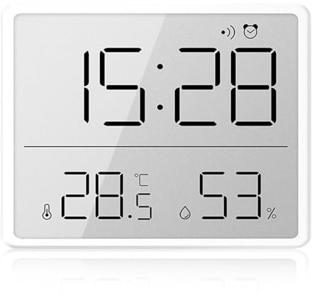 WIYETY Despertador digital blanco: pequeño reloj despertador de viaje digital con temperatura humedad, 12/24 horas ℃/℉, despertador magnético para colgar en la pared para el hogar cocina baño