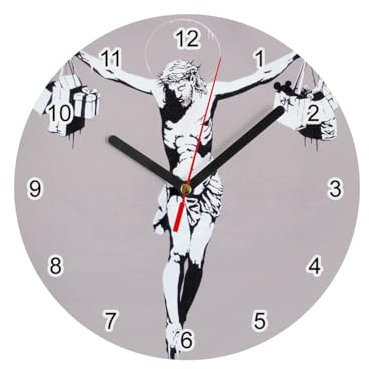 Fabulous Banksy Jesus Christus Wanduhr, Glas, Einkaufstaschen, Street Art, Durchmesser 20 cm, Weiß