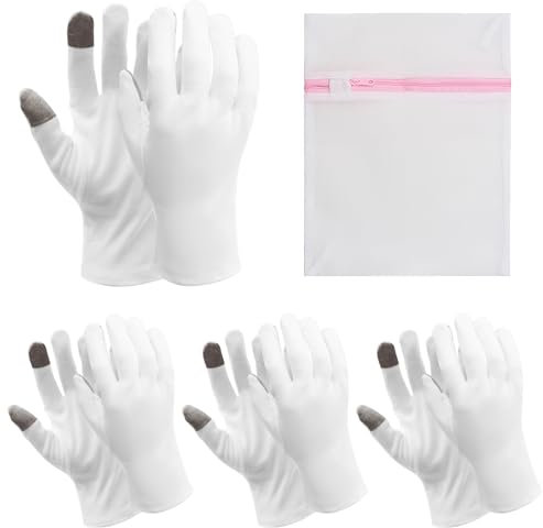 BORISCA 4 Paar Baumwollhandschuhe, Feuchtigkeitsspendende Handschuhe Touchscreen Handschuhe Atmungsaktiv Stoffhandschuhe Wiederverwendbar Kosmetik Handschuhe mit Wäschebeutel (Weiß)