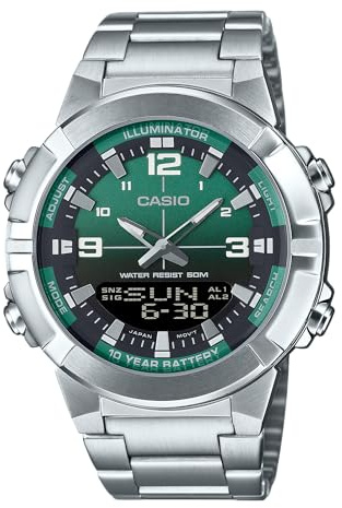 Casio AMW870DA-3AV Herren-Armbanduhr aus Edelstahl, grünes Zifferblatt, analog, digital, Dual-Zeitzonen-Uhr
